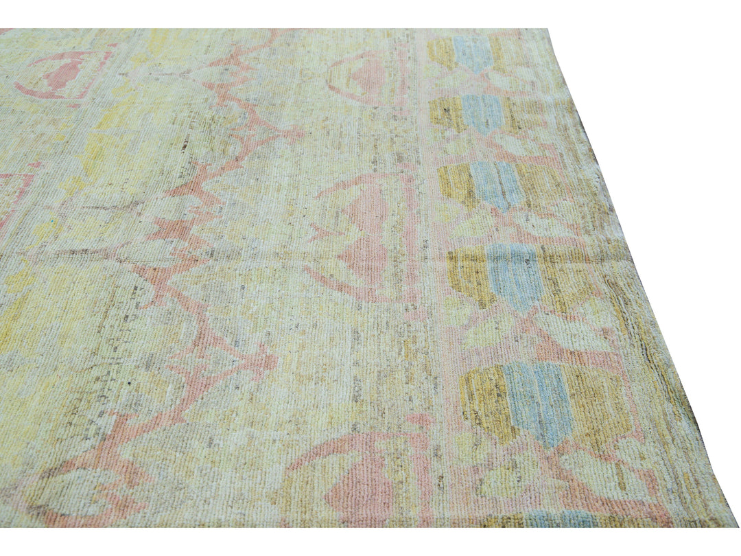 Modern Oushak Yellow Handmade Geometric Designed Pattern Oversize Wool Rug