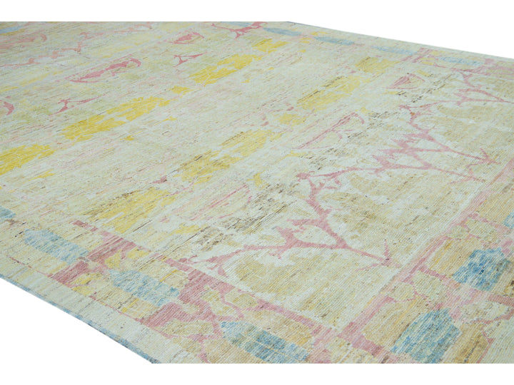 Modern Oushak Yellow Handmade Geometric Designed Pattern Oversize Wool Rug