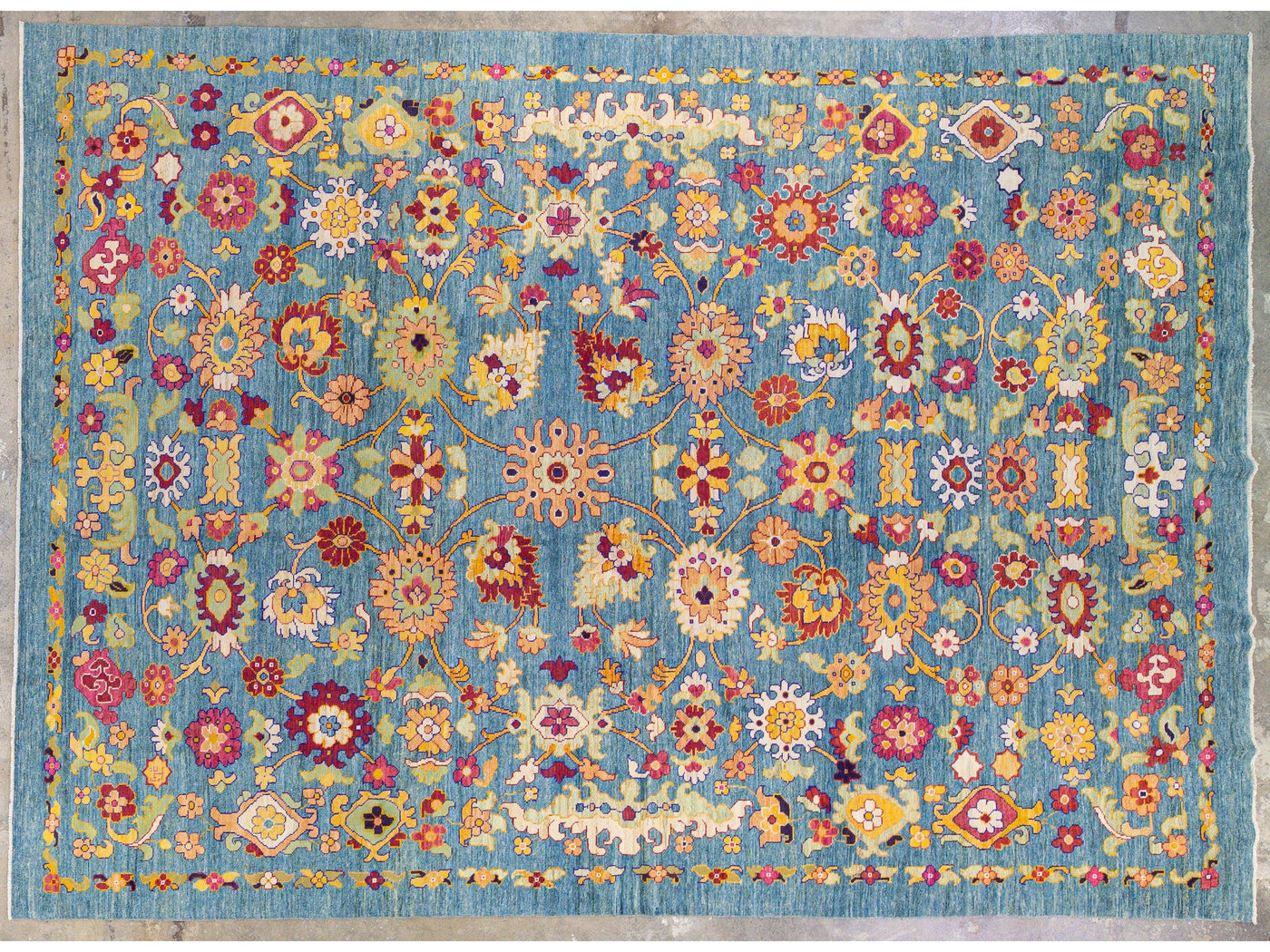 Modern Oushak Handmade Tribal Floral Oversize Blue Wool Rug