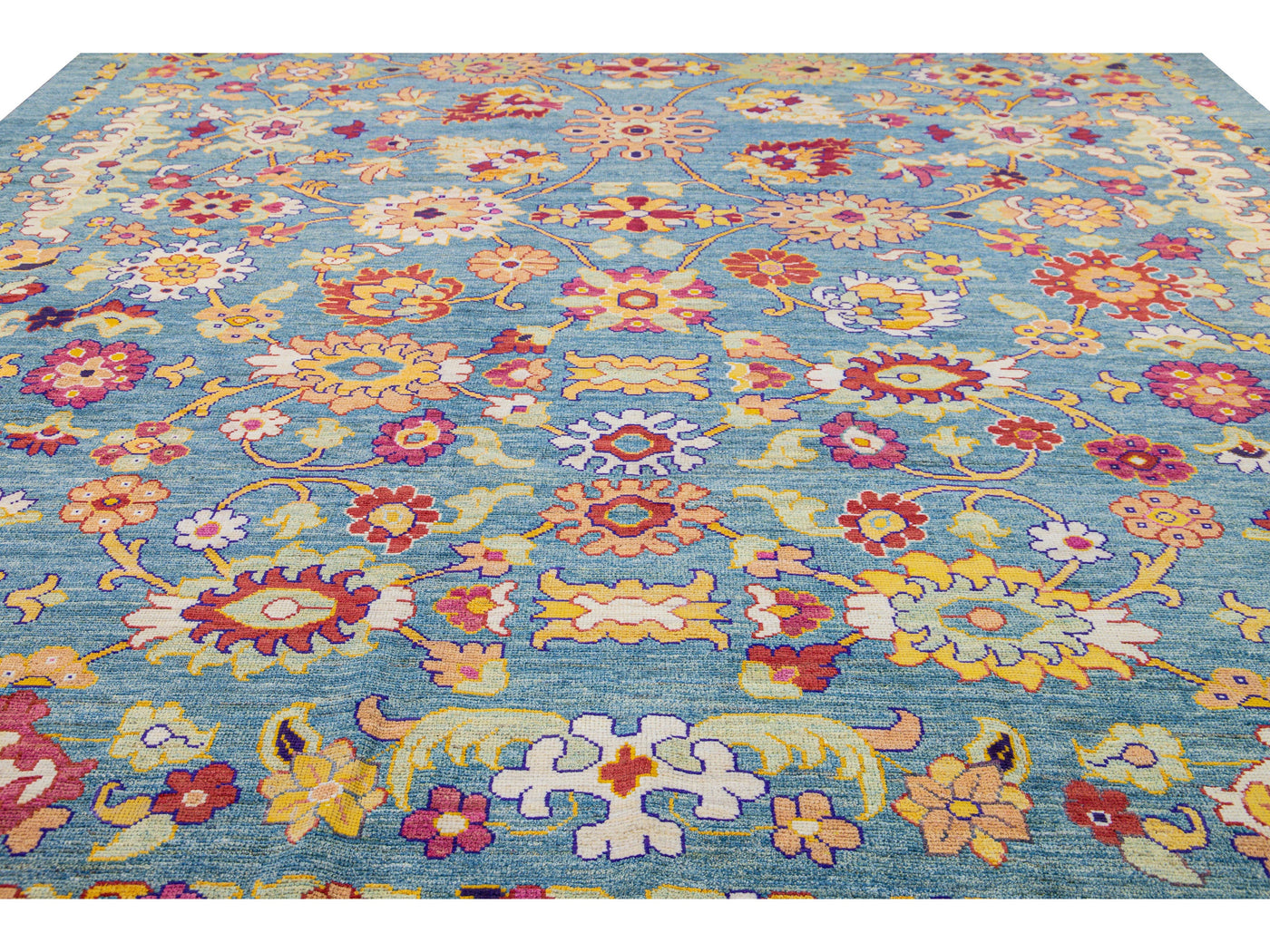 Modern Oushak Handmade Tribal Floral Oversize Blue Wool Rug