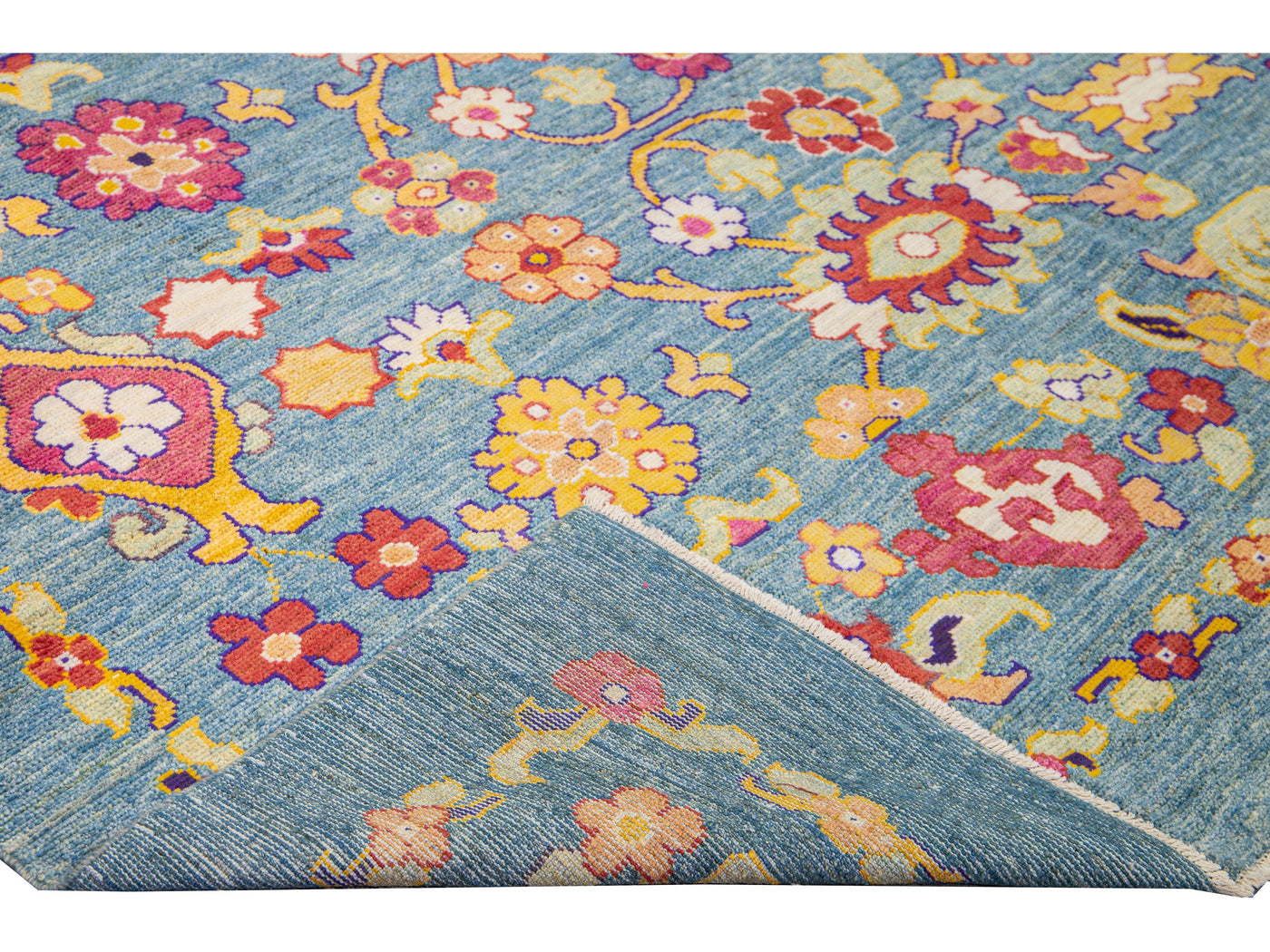 Modern Oushak Handmade Tribal Floral Oversize Blue Wool Rug