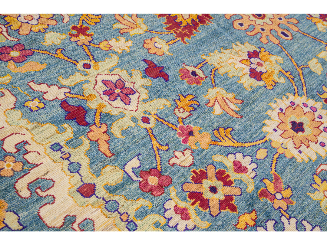 Modern Oushak Handmade Tribal Floral Oversize Blue Wool Rug