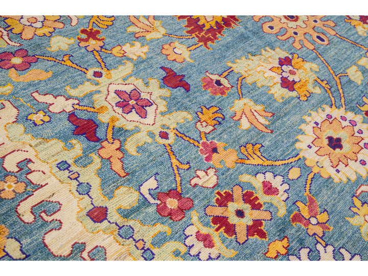 Modern Oushak Handmade Tribal Floral Oversize Blue Wool Rug