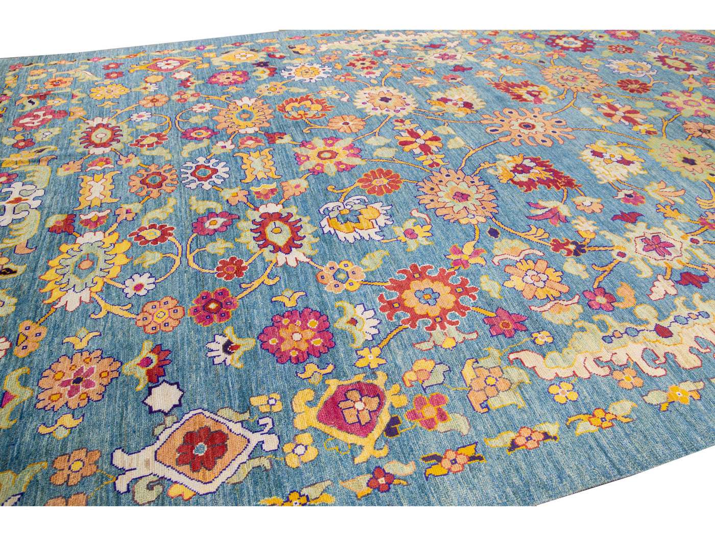 Modern Oushak Handmade Tribal Floral Oversize Blue Wool Rug