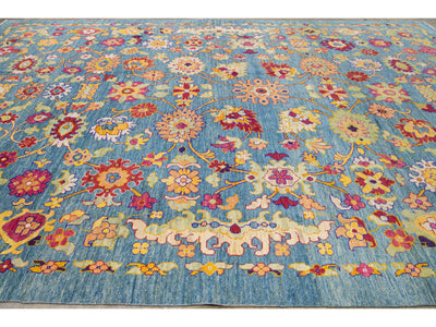 Modern Oushak Handmade Tribal Floral Oversize Blue Wool Rug