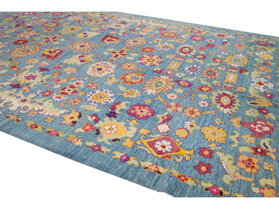 Modern Oushak Handmade Tribal Floral Oversize Blue Wool Rug