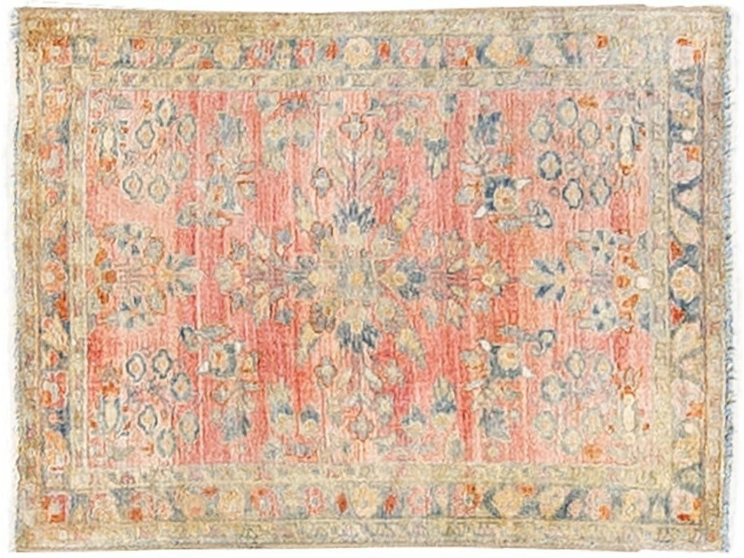 Antique Persian Kashan Handmade Allover Floral Pink Wool Scatter Rug