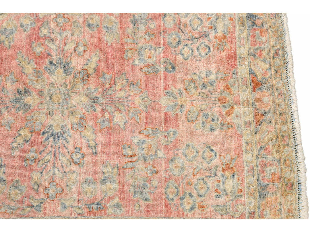 Antique Persian Kashan Handmade Allover Floral Pink Wool Scatter Rug
