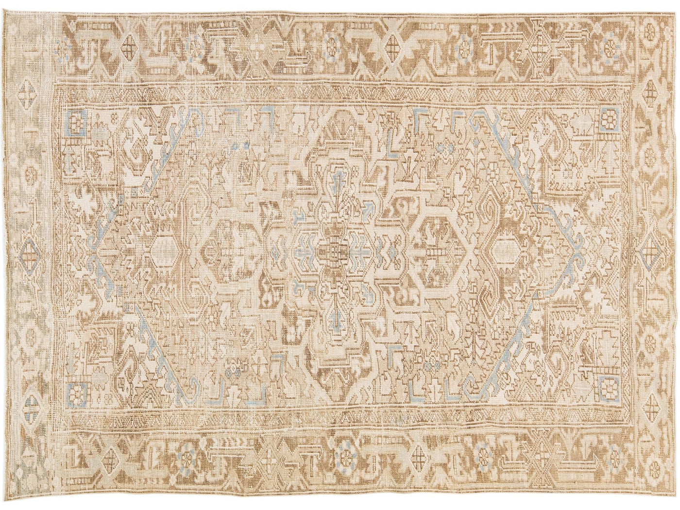 Beige Antique Persian Heriz Handmade Room Size Wool Rug with Medallion Design