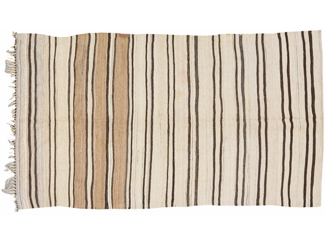 Beige And Brown Striped Vintage Kilim Handmade Flatweave Wool Rug