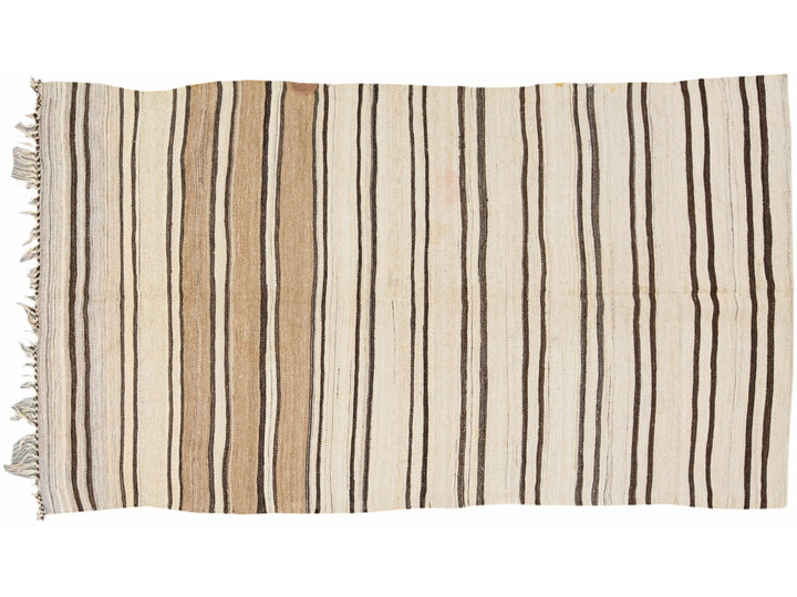 Beige And Brown Striped Vintage Kilim Handmade Flatweave Wool Rug