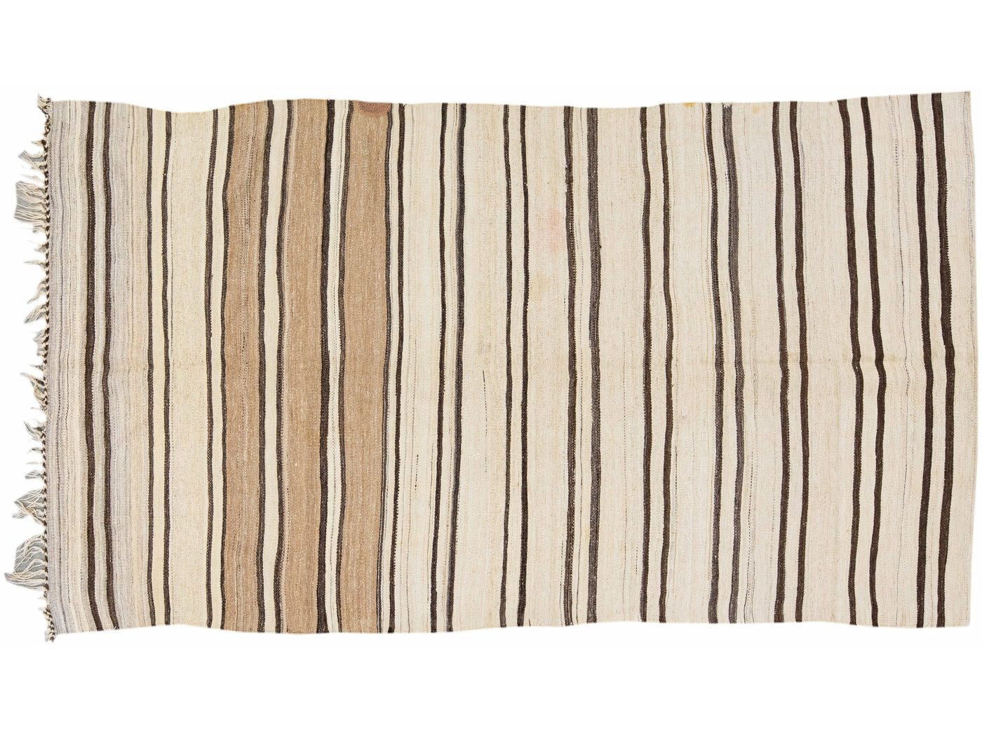 Beige And Brown Striped Vintage Kilim Handmade Flatweave Wool Rug