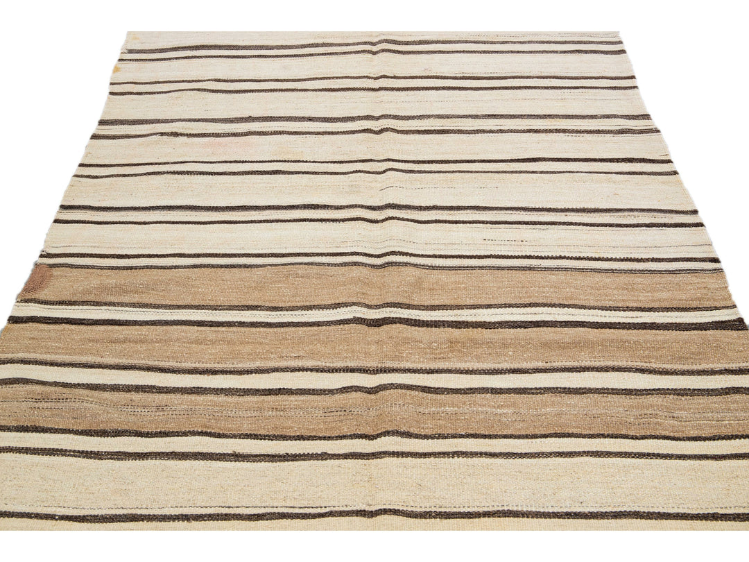 Beige And Brown Striped Vintage Kilim Handmade Flatweave Wool Rug