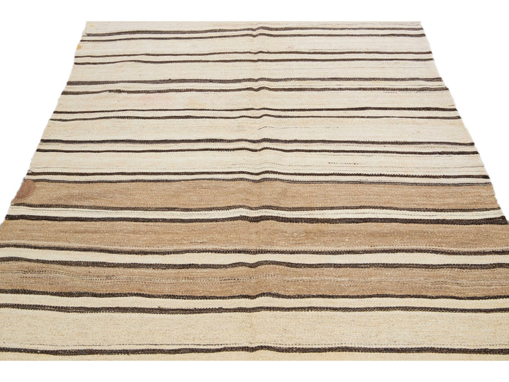 Beige And Brown Striped Vintage Kilim Handmade Flatweave Wool Rug