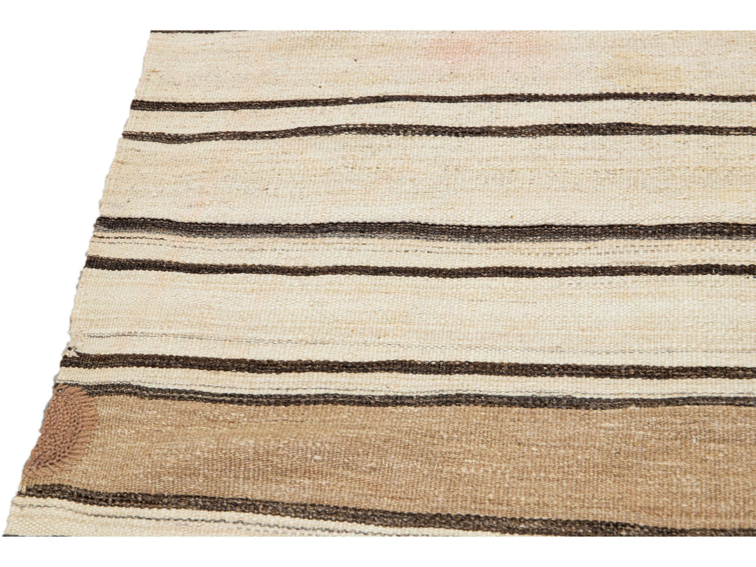 Beige And Brown Striped Vintage Kilim Handmade Flatweave Wool Rug