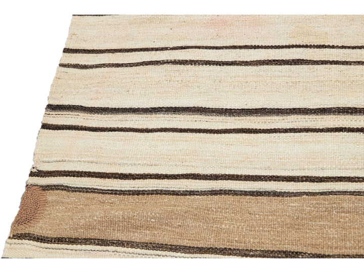 Beige And Brown Striped Vintage Kilim Handmade Flatweave Wool Rug