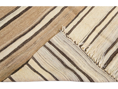 Beige And Brown Striped Vintage Kilim Handmade Flatweave Wool Rug