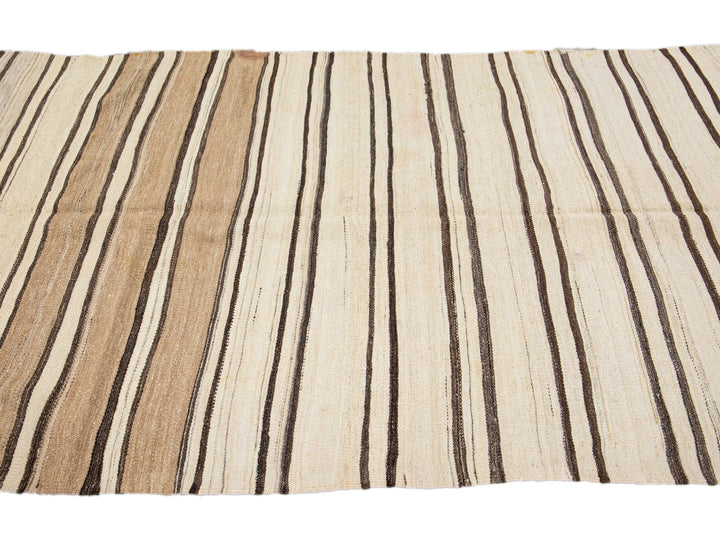 Beige And Brown Striped Vintage Kilim Handmade Flatweave Wool Rug