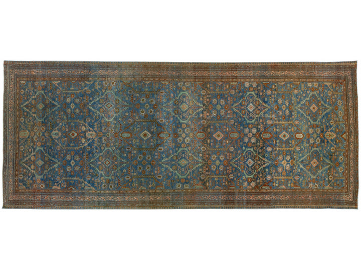 Blue Vintage Hamadan Handmade Medallion Floral Motif Wool Runner