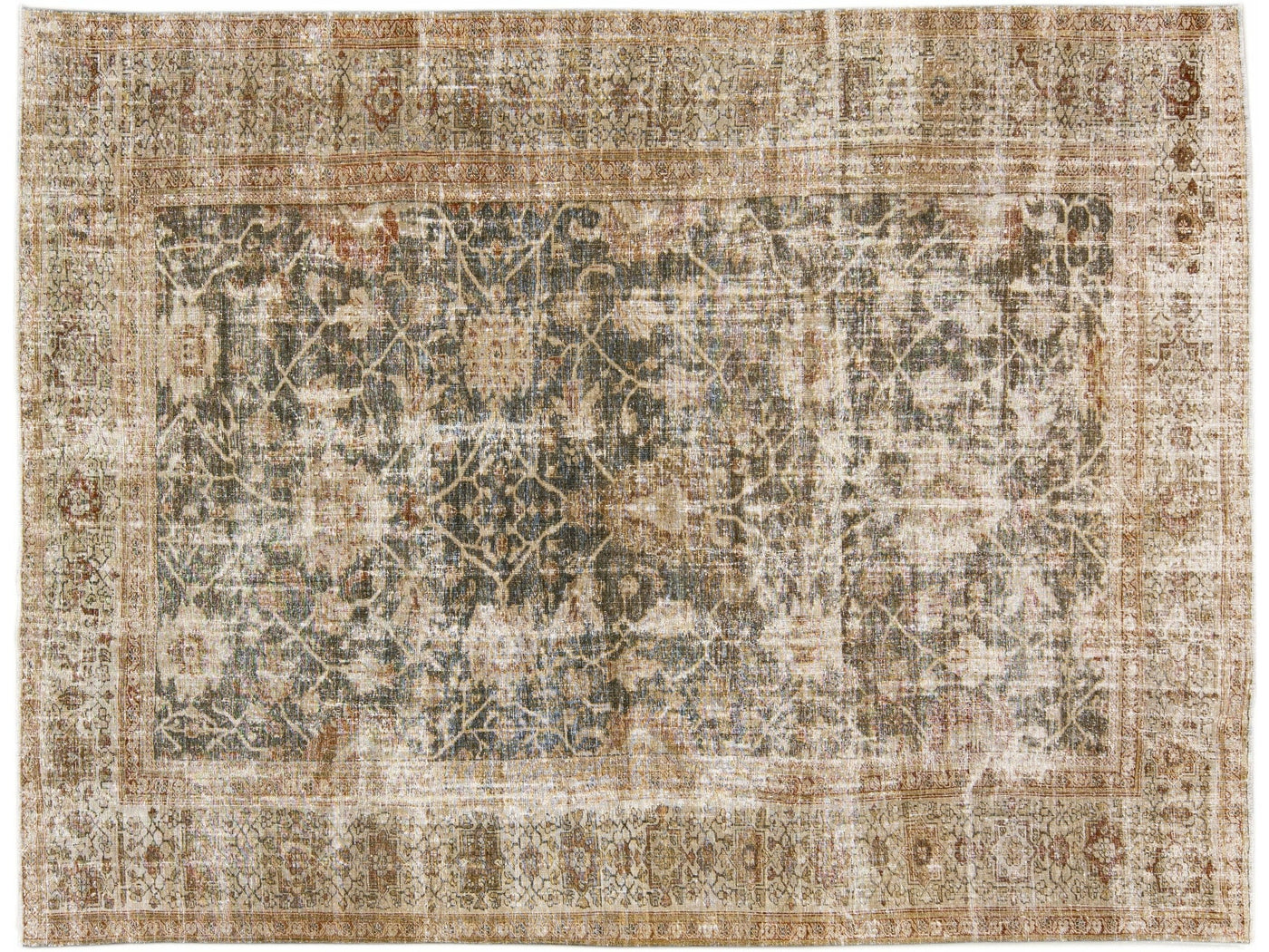 Antique Sultanabad Handmade Floral Blue and Brown Distressed Wool Rug