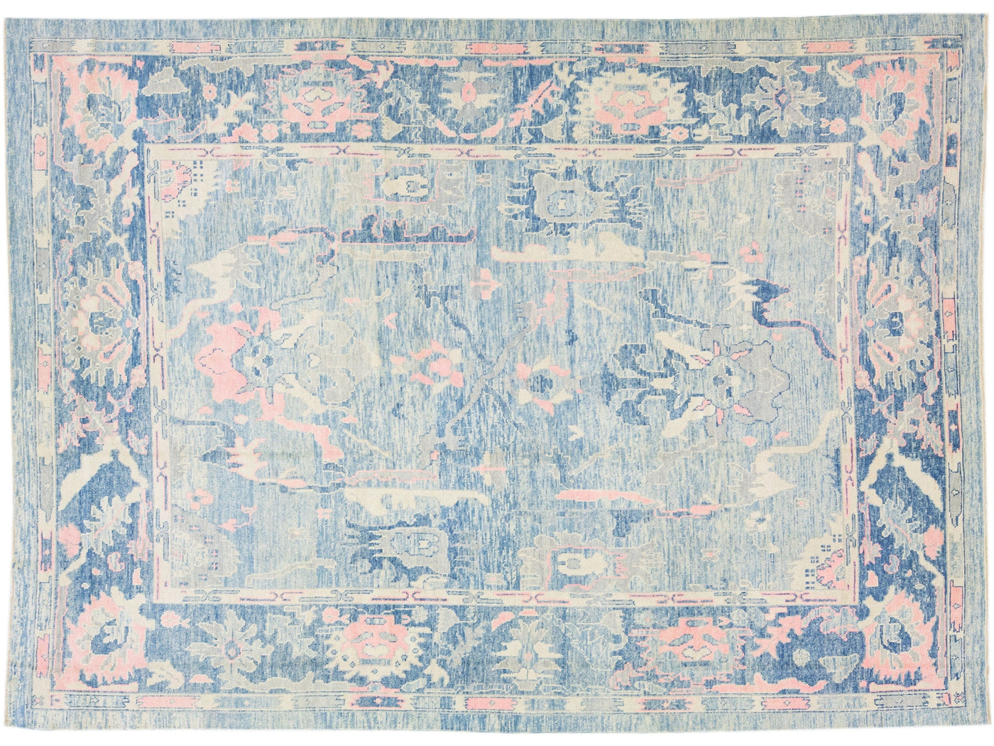 Modern Turkish Oushak Blue & Pink Handmade Designed Wool Rug