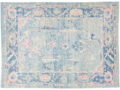 Modern Turkish Oushak Blue & Pink Handmade Designed Wool Rug