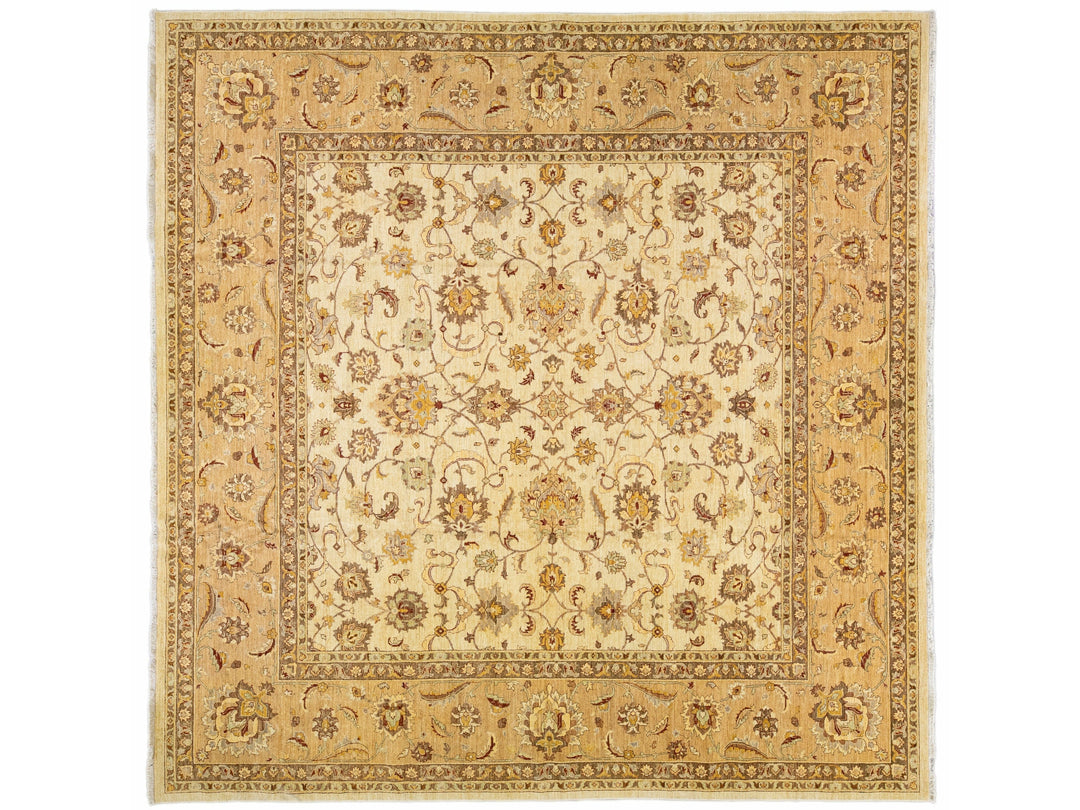 Beige Modern Peshawar Handmade Palmettes Pattern Square Wool Rug