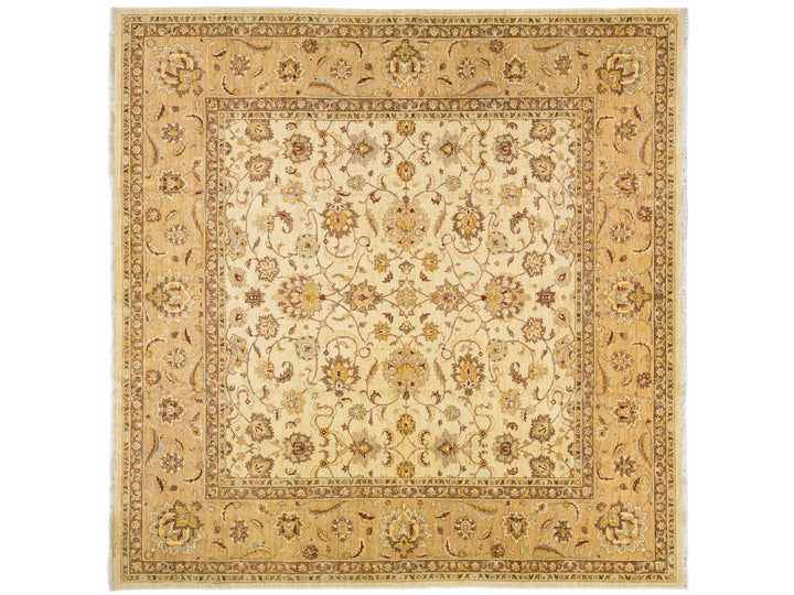 Beige Modern Peshawar Handmade Palmettes Pattern Square Wool Rug
