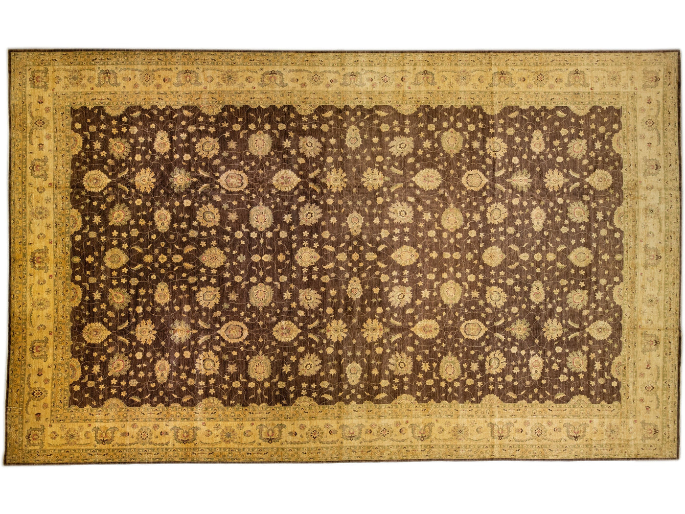 Large Brown Modern Peshawar Handmade Wool Rug Palmettes Motif