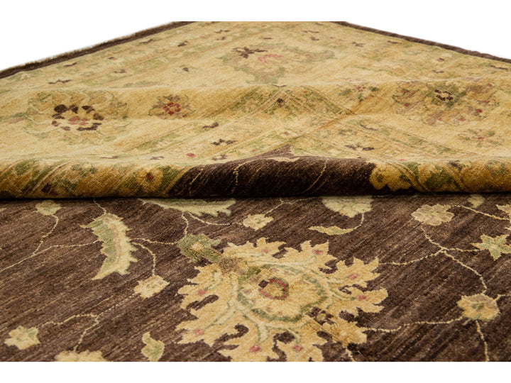 Large Brown Modern Peshawar Handmade Wool Rug Palmettes Motif