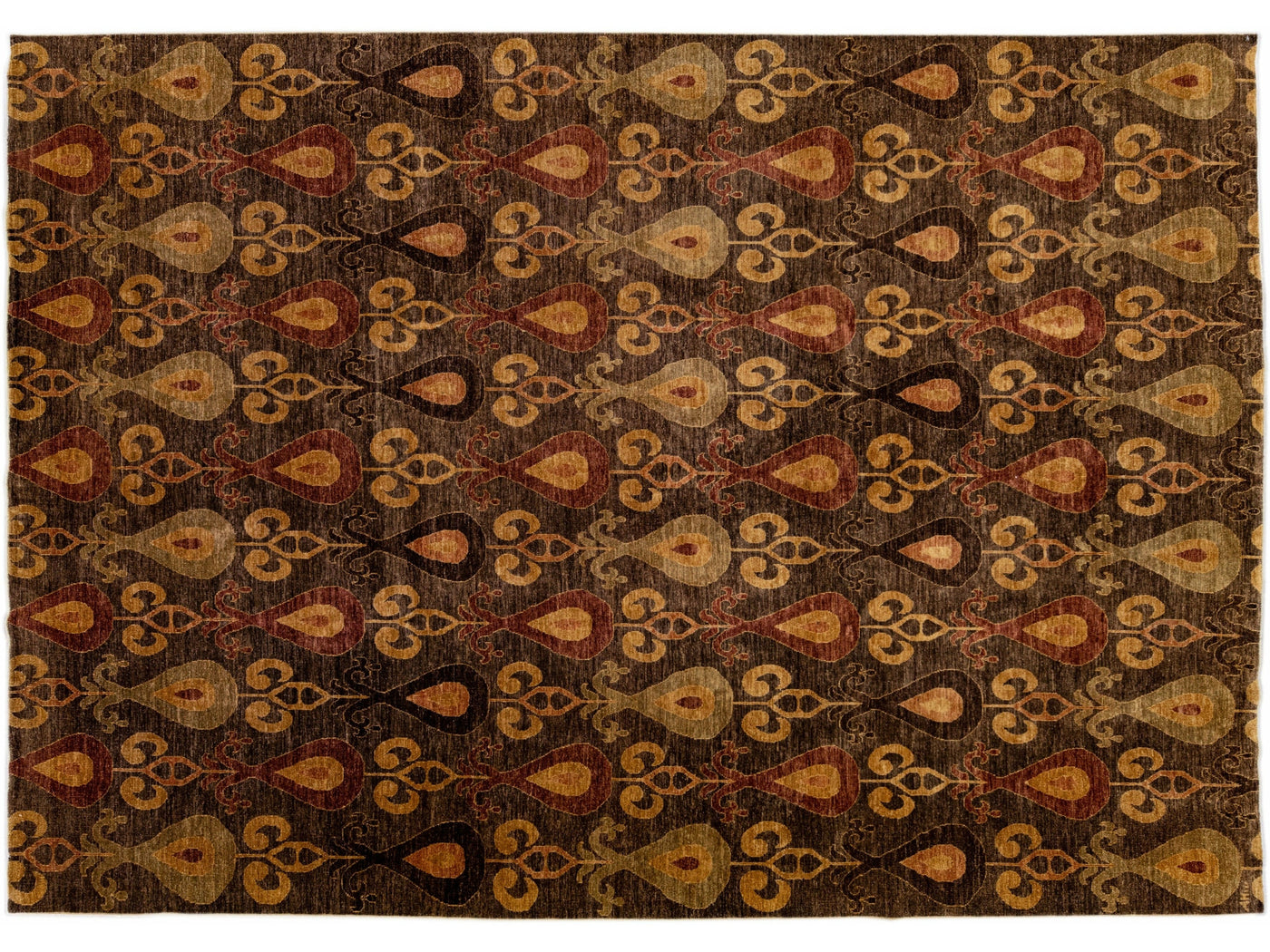 Brown Modern Ikat Handmade Geometric Pattern Designed Wool Rug