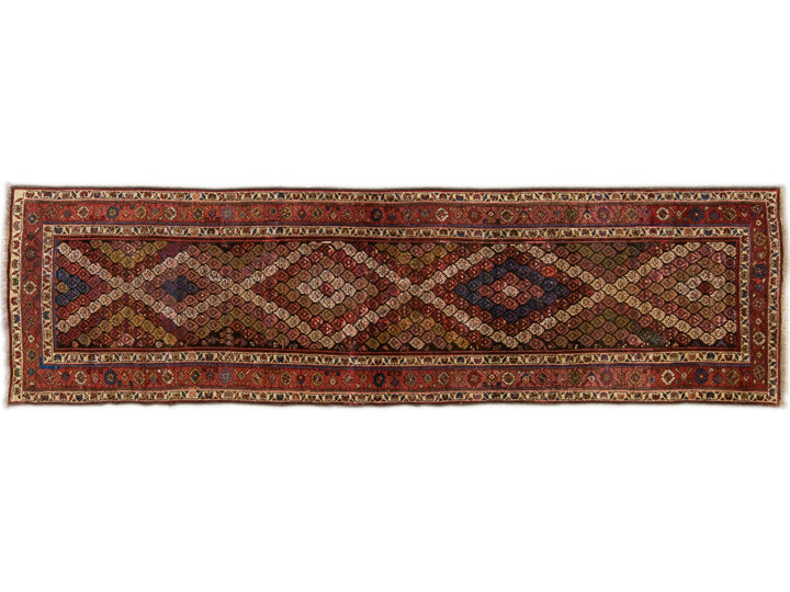 Antique Persian Kurd Handmade Allover Multicolor Wool Runner
