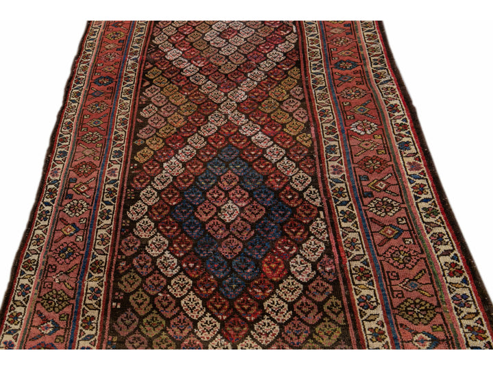 Antique Persian Kurd Handmade Allover Multicolor Wool Runner