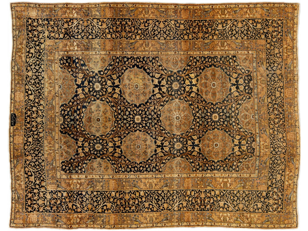 Antique Persian Kerman Handmade Allover Floral Blue and Tan Wool Rug