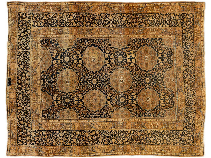 Antique Persian Kerman Handmade Allover Floral Blue and Tan Wool Rug