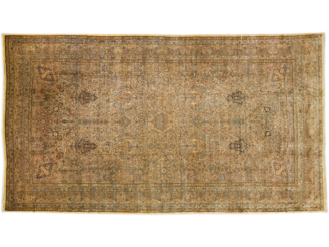 Oversize Antique Kerman Handmade Beige Persian Wool Rug with Allover Pattern