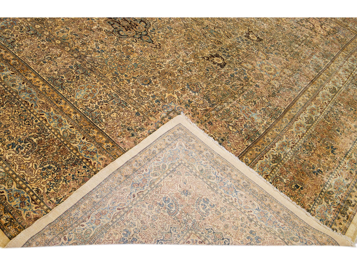 Oversize Antique Kerman Handmade Beige Persian Wool Rug with Allover Pattern