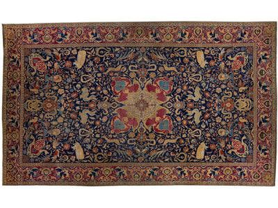 19th Century, Blue Antique Persian Tabriz Handmade Allover Wool Rug