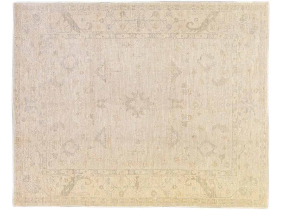 Modern Turkish Oushak Handmade Beige Geometric Floral Pattern Wool Rug