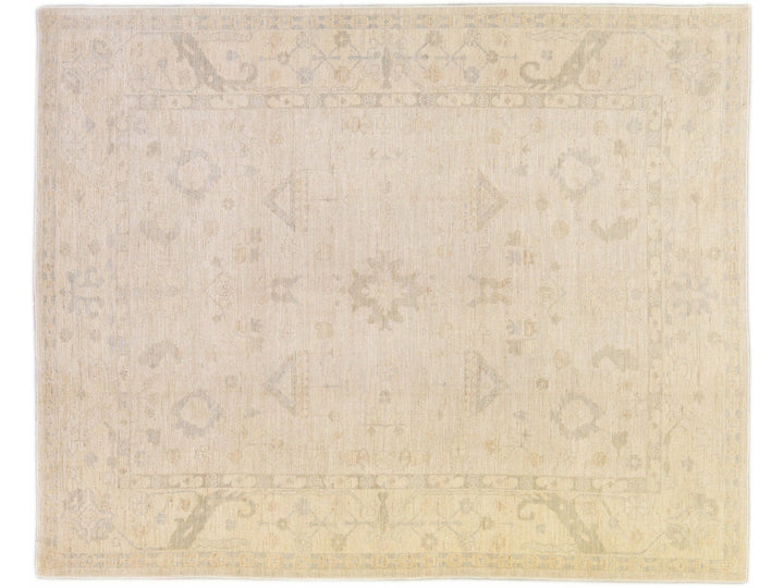 Modern Turkish Oushak Handmade Beige Geometric Floral Pattern Wool Rug