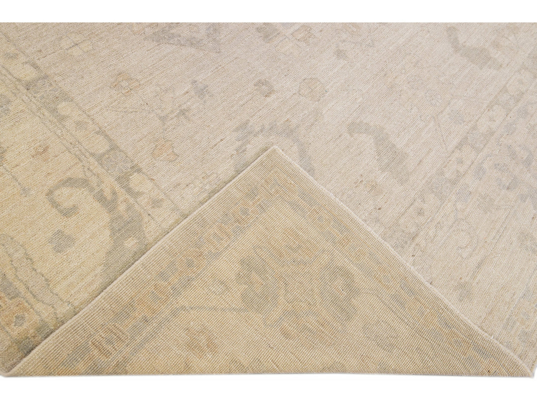 Modern Turkish Oushak Handmade Beige Geometric Floral Pattern Wool Rug