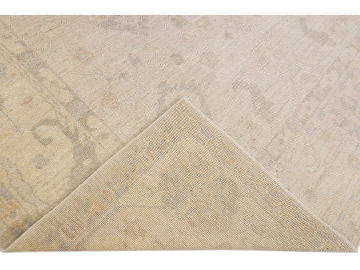 Modern Turkish Oushak Handmade Beige Geometric Floral Pattern Wool Rug