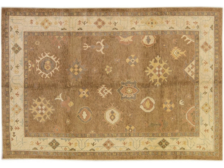 Modern Turkish Oushak Handmade Floral Motif Brown Wool Rug 