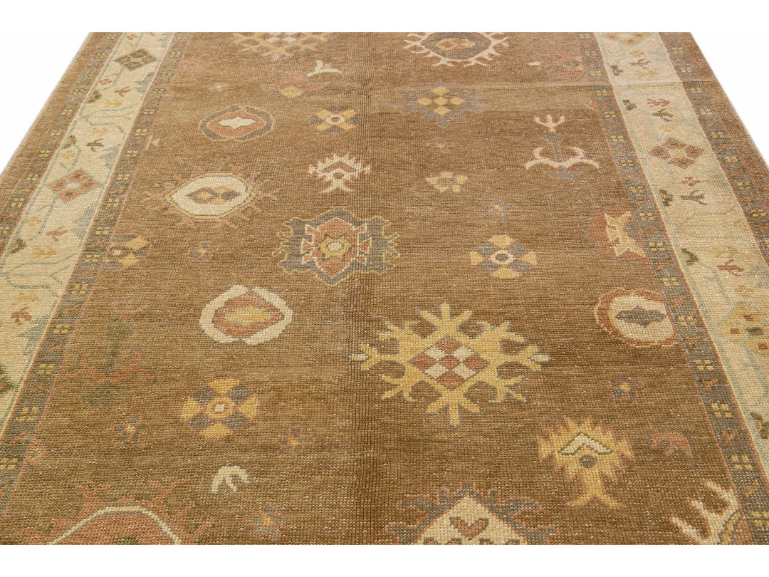 Modern Turkish Oushak Handmade Floral Motif Brown Wool Rug 