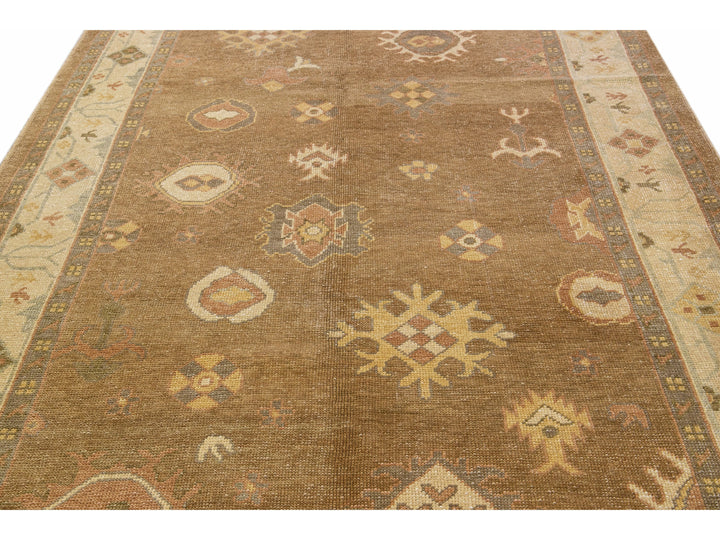Modern Turkish Oushak Handmade Floral Motif Brown Wool Rug 