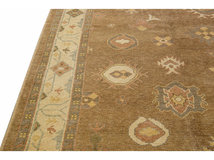 Modern Turkish Oushak Handmade Floral Motif Brown Wool Rug 