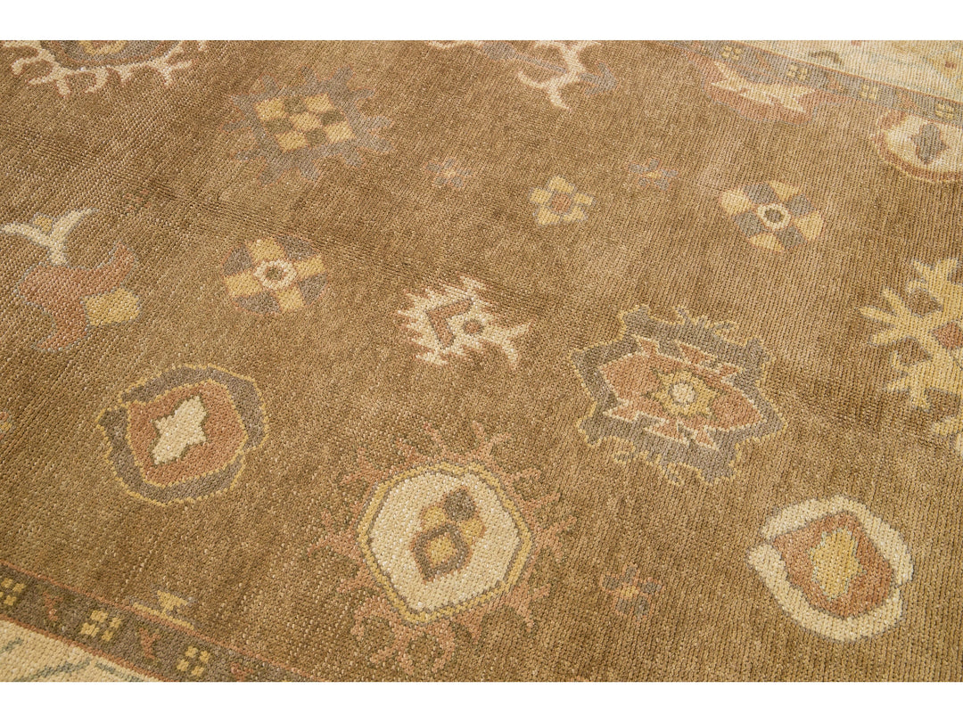 Modern Turkish Oushak Handmade Floral Motif Brown Wool Rug 