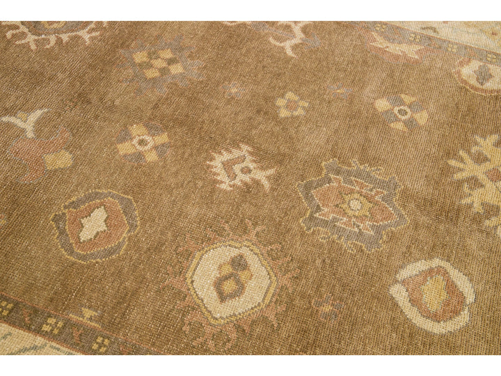 Modern Turkish Oushak Handmade Floral Motif Brown Wool Rug 