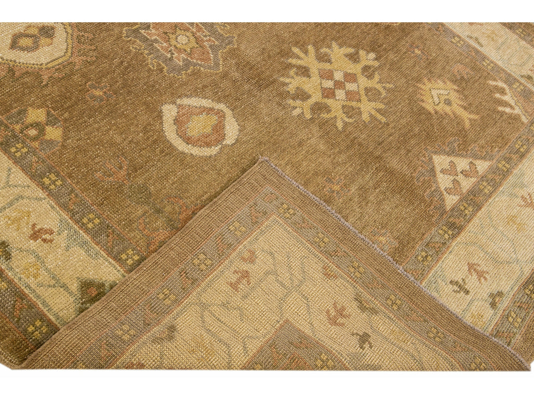 Modern Turkish Oushak Handmade Floral Motif Brown Wool Rug 