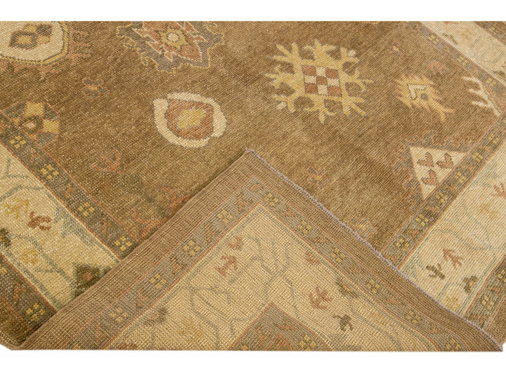 Modern Turkish Oushak Handmade Floral Motif Brown Wool Rug 